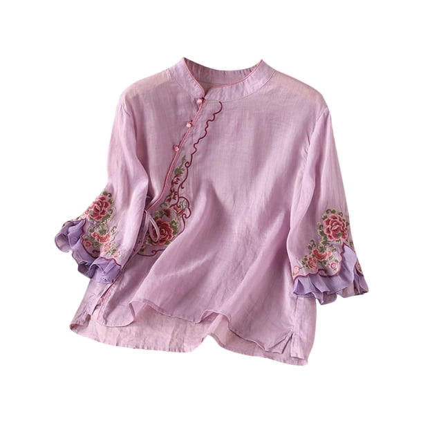 Vestidos Casuales Para Mujer, Blusas De Mujer De Moda Cárdigan informal de lino bordado para mujer, con botones, mangas cortas y cuello redondo