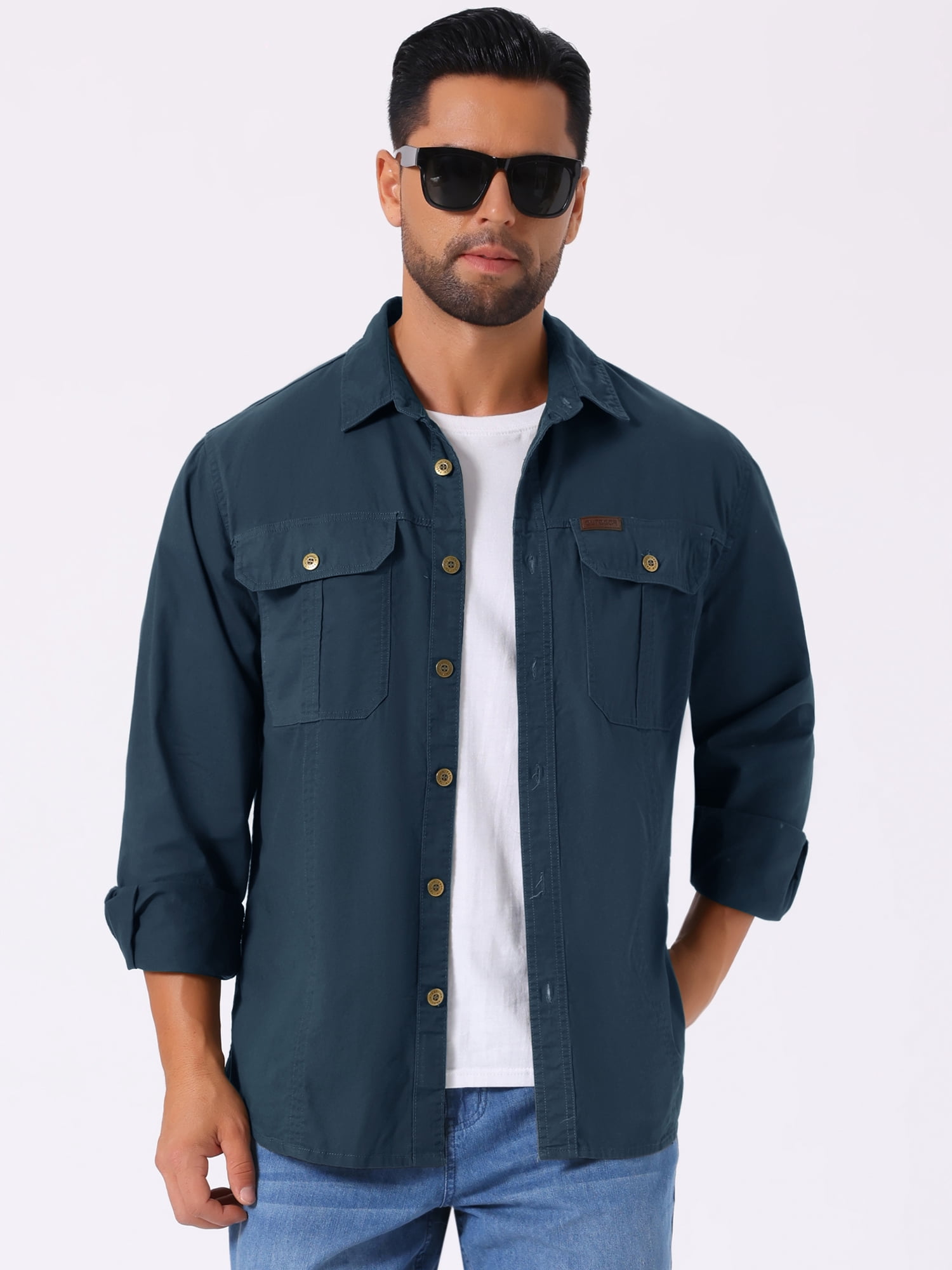 DARING DIVA Men's Casual Workwear Long Sleeve Button Down Hiking Shirts M Dark Blue