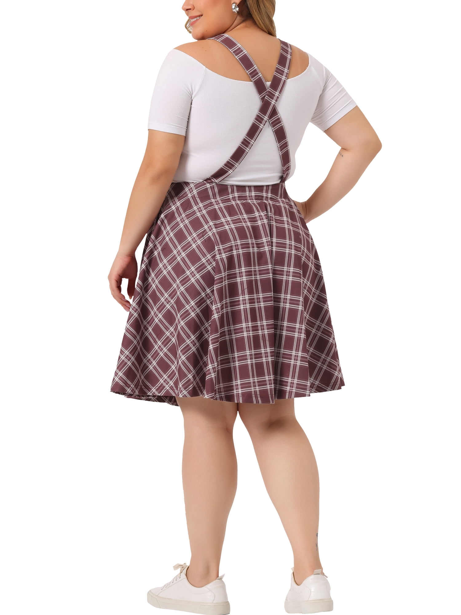 Unique Bargains Women's Plus Size Overall Pinafore Adjustable Straps Swing Short Dress 3X Red White