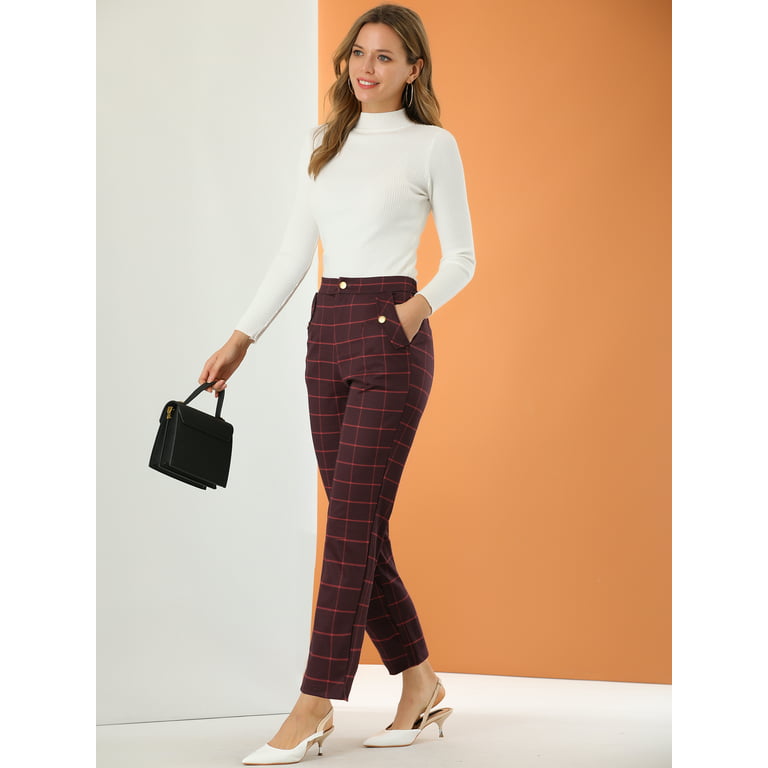 Unique Bargains Women's Tartan Plaid Pants Elastic Waist Straight Long  Trousers