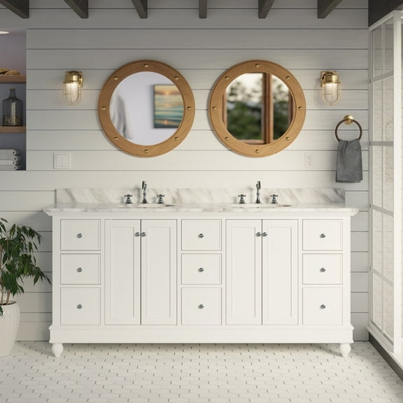 Bella 72" Double Bathroom Vanity with White Cabinet and Carrara Marble Top