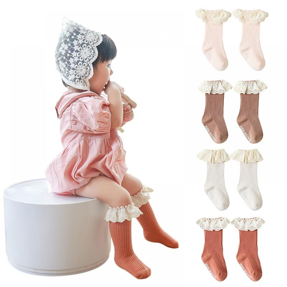 4 Pair of Baby Girl Knee High Socks Tube Ruffled Long Stockings Cotton