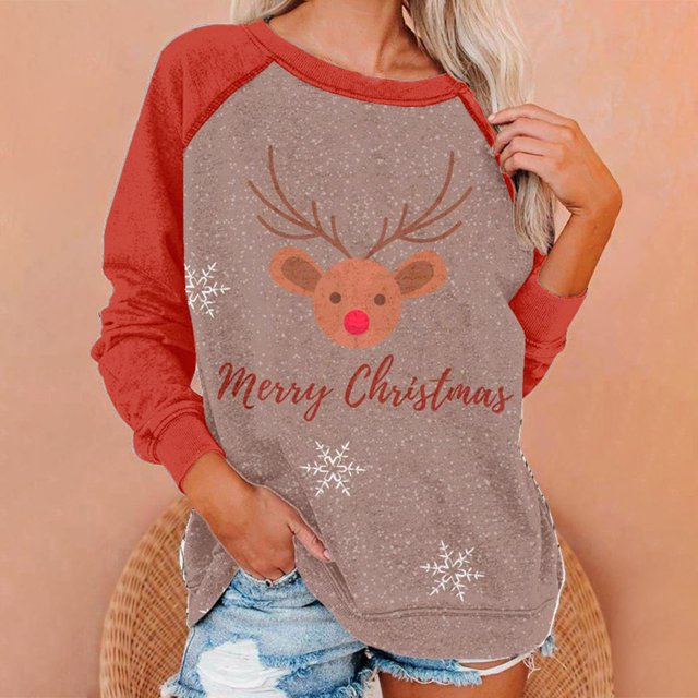 Costumes de Noël en Solde Mode Blouse à Manches Longues Imprimée Col Rond Pull Décontracté Sweat-Shirts Grande Taille pour Femmes
