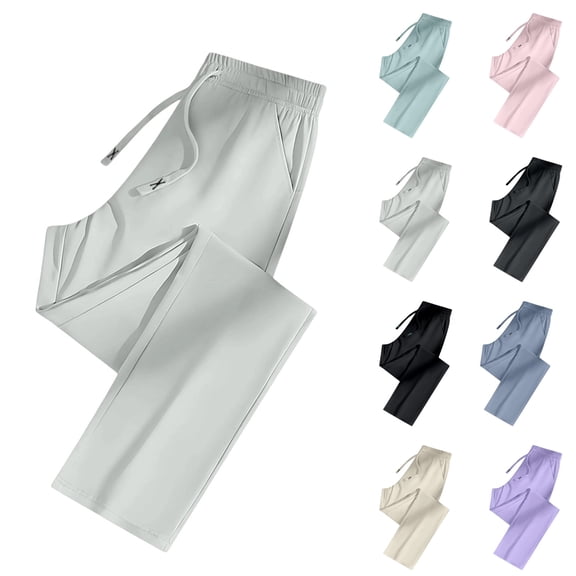 Ice Silk Straight Leg Pants for Women – Quick Dry Breathable Trousers with Pockets & Drawstring Waist, Light Gray S