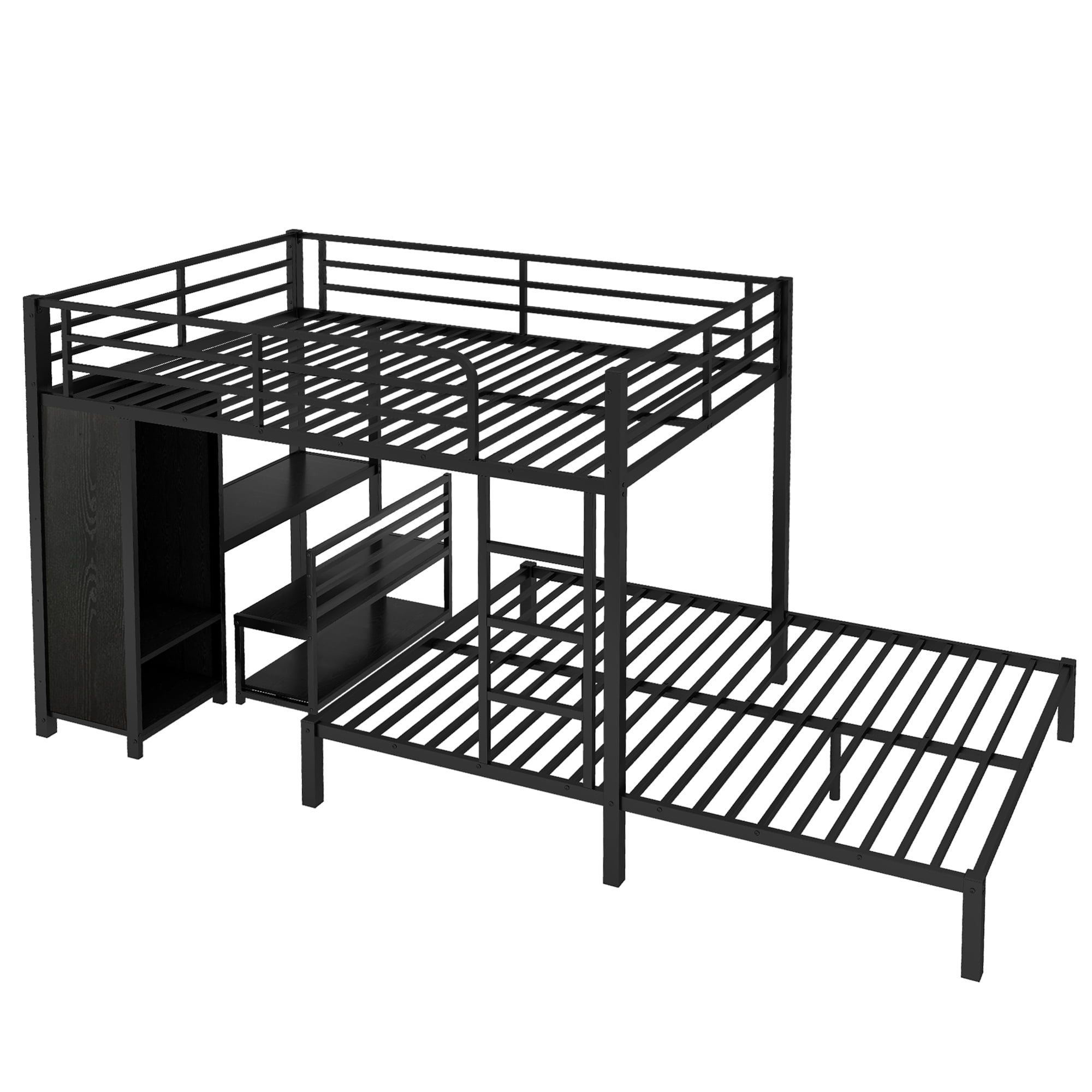 Queen over Queen Bunk Bed with Built-in Wardrobe,Heavy Duty Metal Bunk Bed with Desk and Storage Chairs,Black