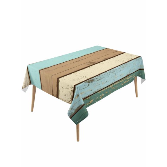 Farmhouse Teal Brown Table Cloth, Ombre Wooden Vintage Waterproof Tablecloth for Rectangle Tables, Reusable Washable Fabric Table Cover for Restaurant Kitchen Dining Tables 60"x120"
