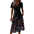 thumbnail image 5 of Minjewel Ladies Floral Casual Fashionable Short Sleeve V-Neck Dress for Spring Summer Women's Daily Casual Wear,Black,L, 5 of 6