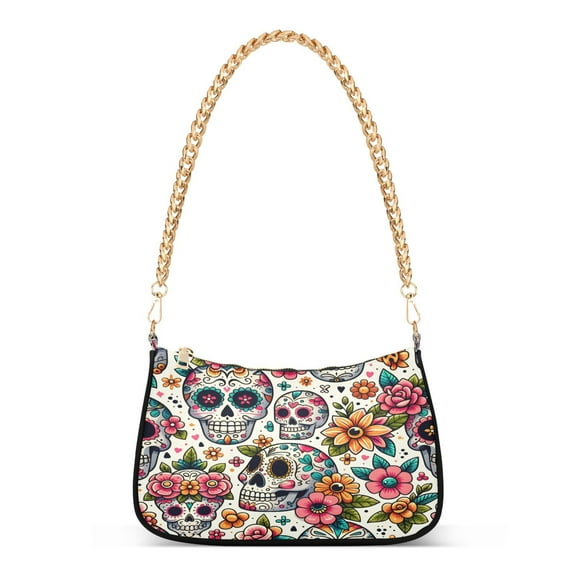 Ryvnso Skull Skeletons and Flowers Womens Chain Shoulder Bag Tote Handbags Clutch Hobo Purse with Zipper for Travel