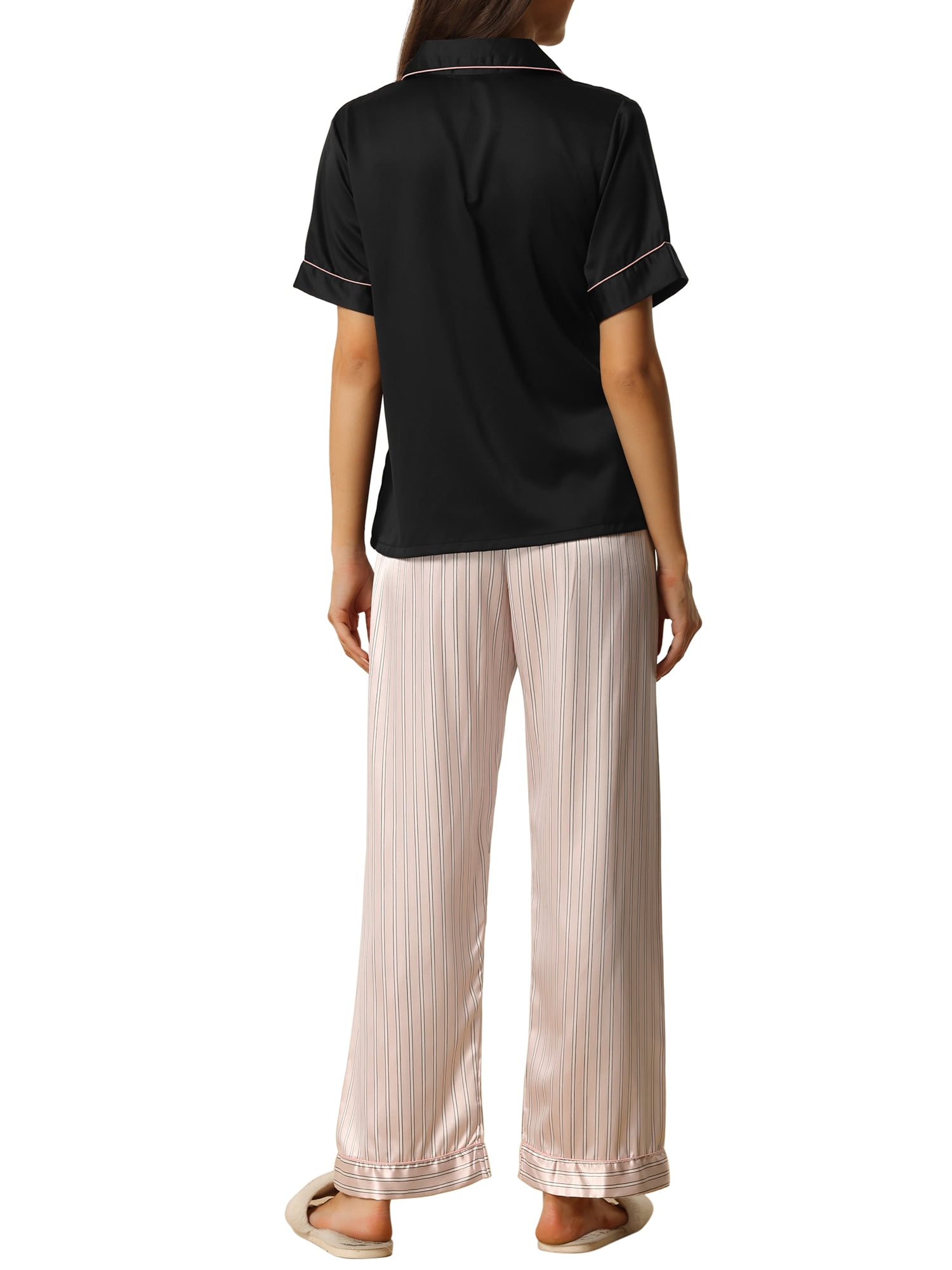 Unique Bargains Womens Satin Sleepwear Short Sleeve Loose Pants Lounge Pajama Sets M Light Pink