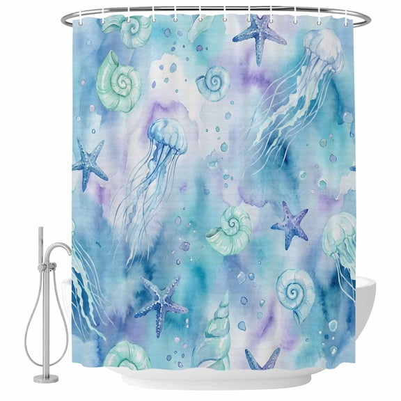 Blue Purple Ocean Shower Curtain Set - Extra Long 72" x 96" Washable Bathtub Curtain with 12 Hooks, Watercolor Jellyfish Conches Starfish Waterproof Fabric Stall Shower Curtains for Bathroom Décor