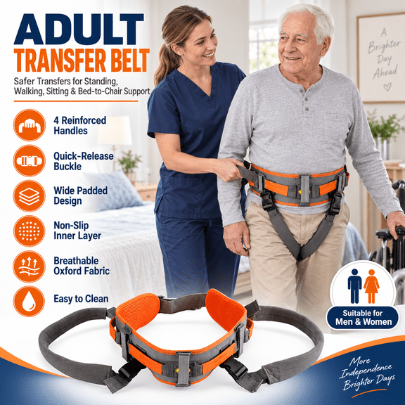 Adult Transfer Belt for Elderly with 4 Handles, Heavy Duty Gait Belt for Seniors for Walking Standing Sitting Bed Transfers