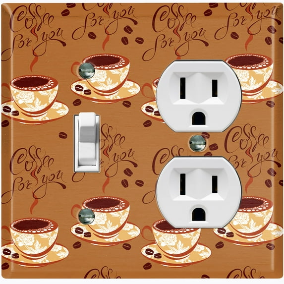 Metal Light Switch Plate Outlet Cover (Tan Floral Coffee Cup COF001)