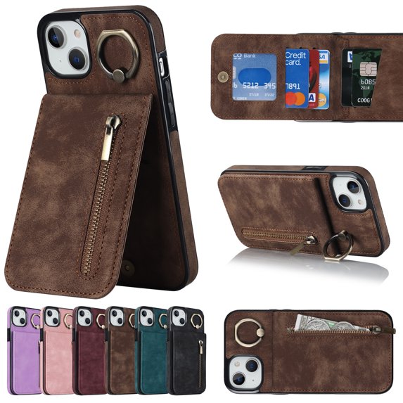 ELEHOLD for iPhone 14 Plus 6.7" Vintage Leather Wallet Case,Practical Card Holders RFID Blocking Zipper Wallet Kickstand Ring Holder Shockproof Anti-Scratch Case for Women Men,Brown
