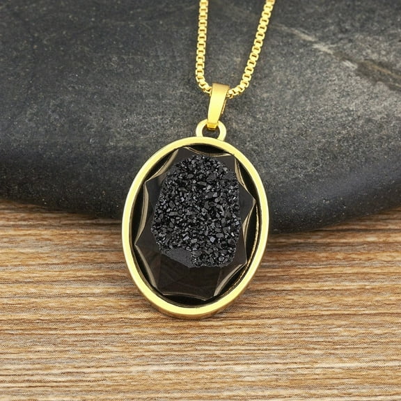 Hot Sale Natural Mineral Stone 14K Yellow Gold Pendant Necklace Oval Design 5 Colors Link Chain Choker Jewelry Accessories