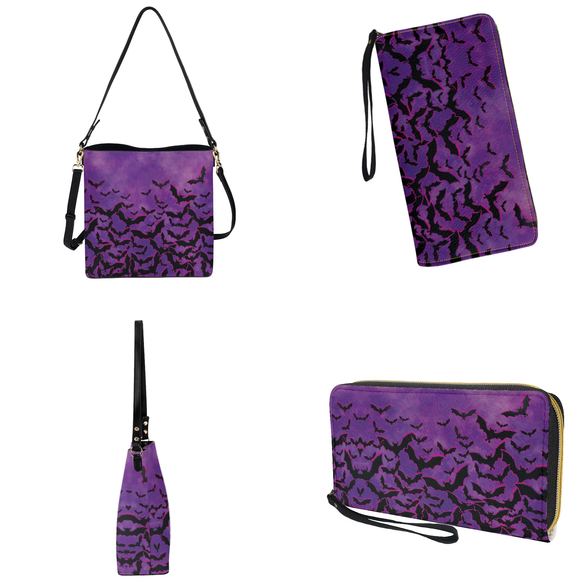 ZUXONGSY Halloween Bat Print Crossbody Handbag with Leather Wallet for Women Lady Multipurpose Bucket Bag Tote Purse Set Fashion Crossbody Hobo Bag with Wallet Set for Working