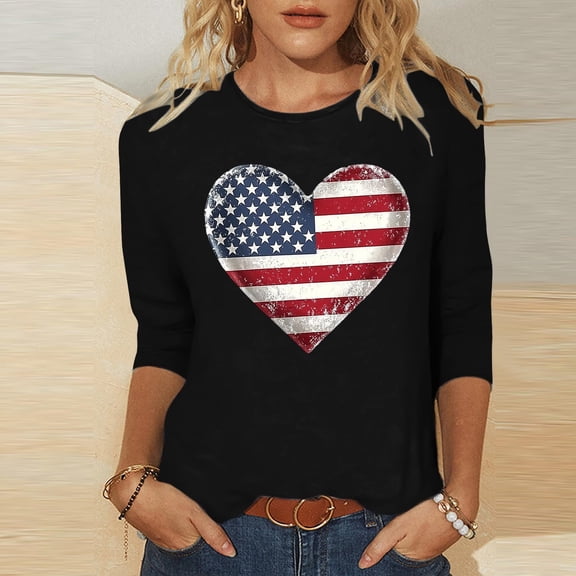 Vetsdori Summer T Shirts for Women American Flag July Fourth Pullover Graphic 3/4 Sleeve Plus Size,Crew Neck Casual Red White and Blue Independence Day Ladies Tops Fashion