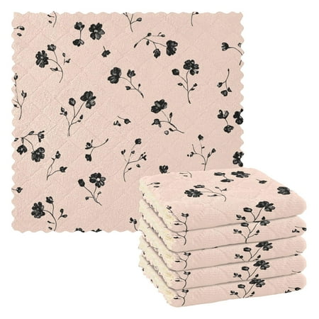 

6 Pieces Thickened Double Polyester Fleece Kitchen Towel - 28x28cm Strongly Absorb Water & Oil Stain Removal，Black Flowers