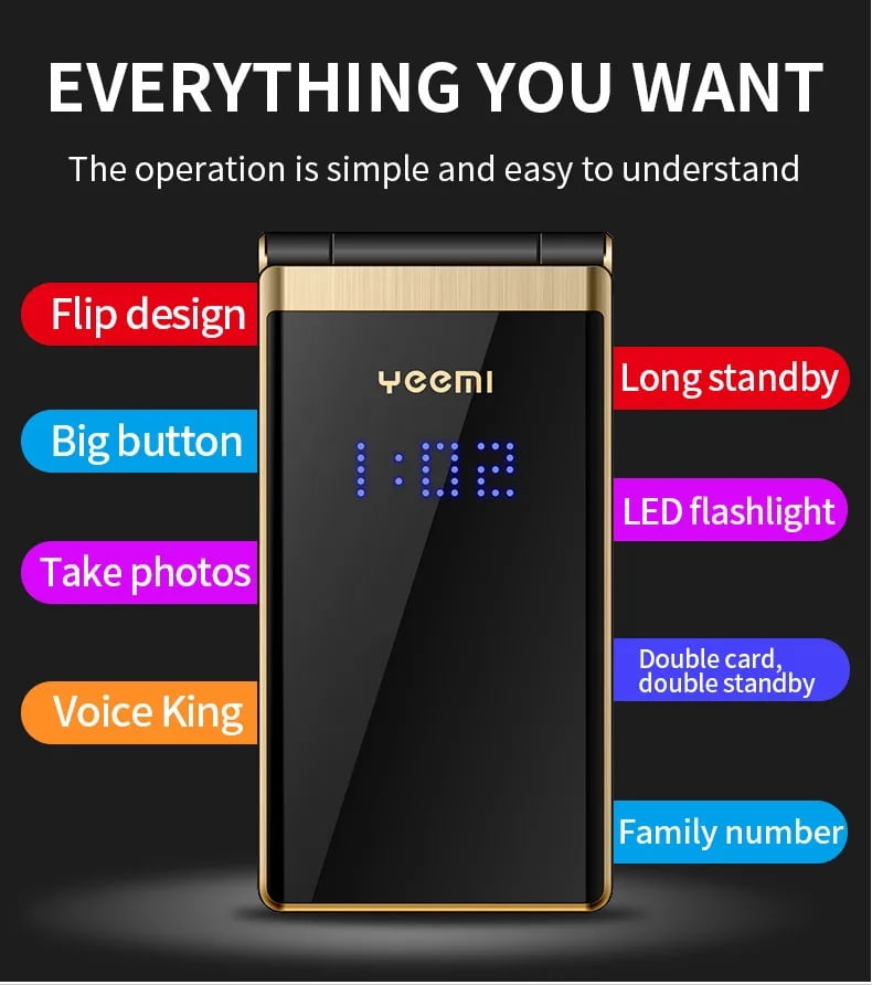 YEEMI M2-C Flip Mobile Phone for Elderly GSM 2G Network Dual SIM 2.8inches 1800mAh Dual Screen Big Letters Cellphone