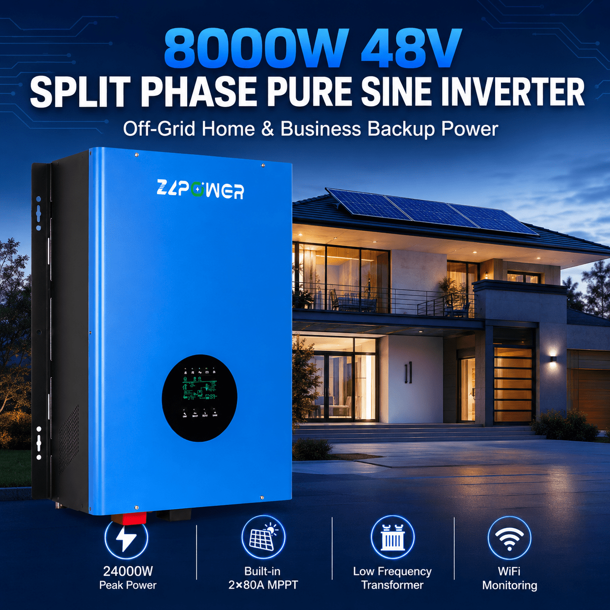 ZLPOWER 8000W 48V Hybrid Solar Inverter – 24000W Surge, Dual MPPT, UL1741 Certified, 120/240V Split-Phase Pure Sine Wave for Home & Business Backup