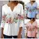 thumbnail image 2 of Camiseta básica con botones y pliegues de manga corta con escote en V y estampado floral para mujer de moda de primavera y verano, 2 of 6