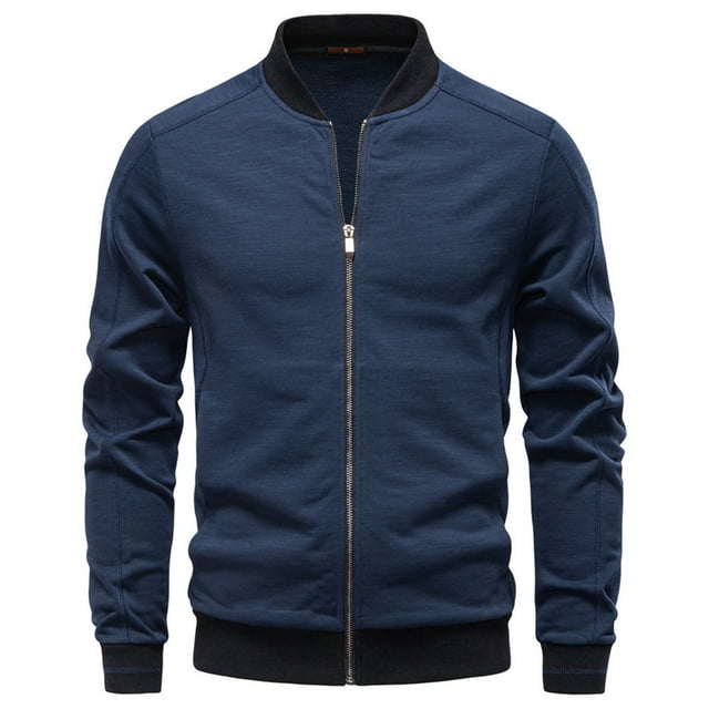 Men's Spring Fall Lightweight Polyester Bomber Jacket - Zip Up Varsity Windbreaker with Stand Collar & Ribbed Cuffs/Hem (Multi-Occasion Outdoor/Casual)