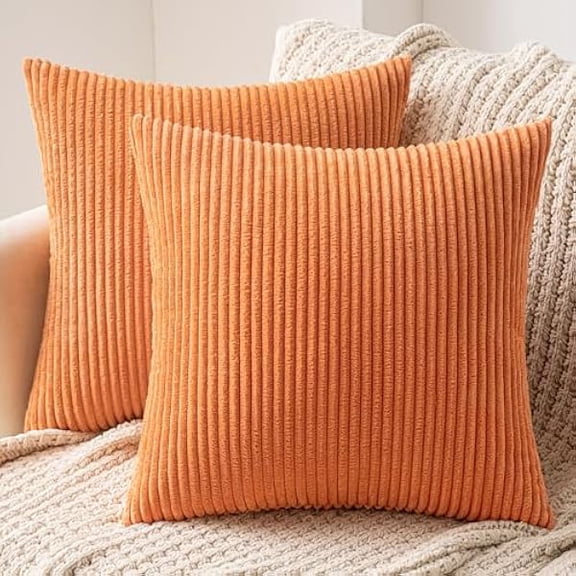 Eryueer Striped Corduroy Fabric Square Throw Pillow Case,Solid Cushion Cover Sham Home for Sofa Chair Couch/Bedroom Decorative Pillowcases 20x20 inch 50x50cm 2 Pieces Orange