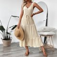 thumbnail image 2 of Women's Sleeveless V Neck Textured Tiered Maxi Dress Self Tie Waist Button Front Summer Flowy Long Dress, 2 of 5
