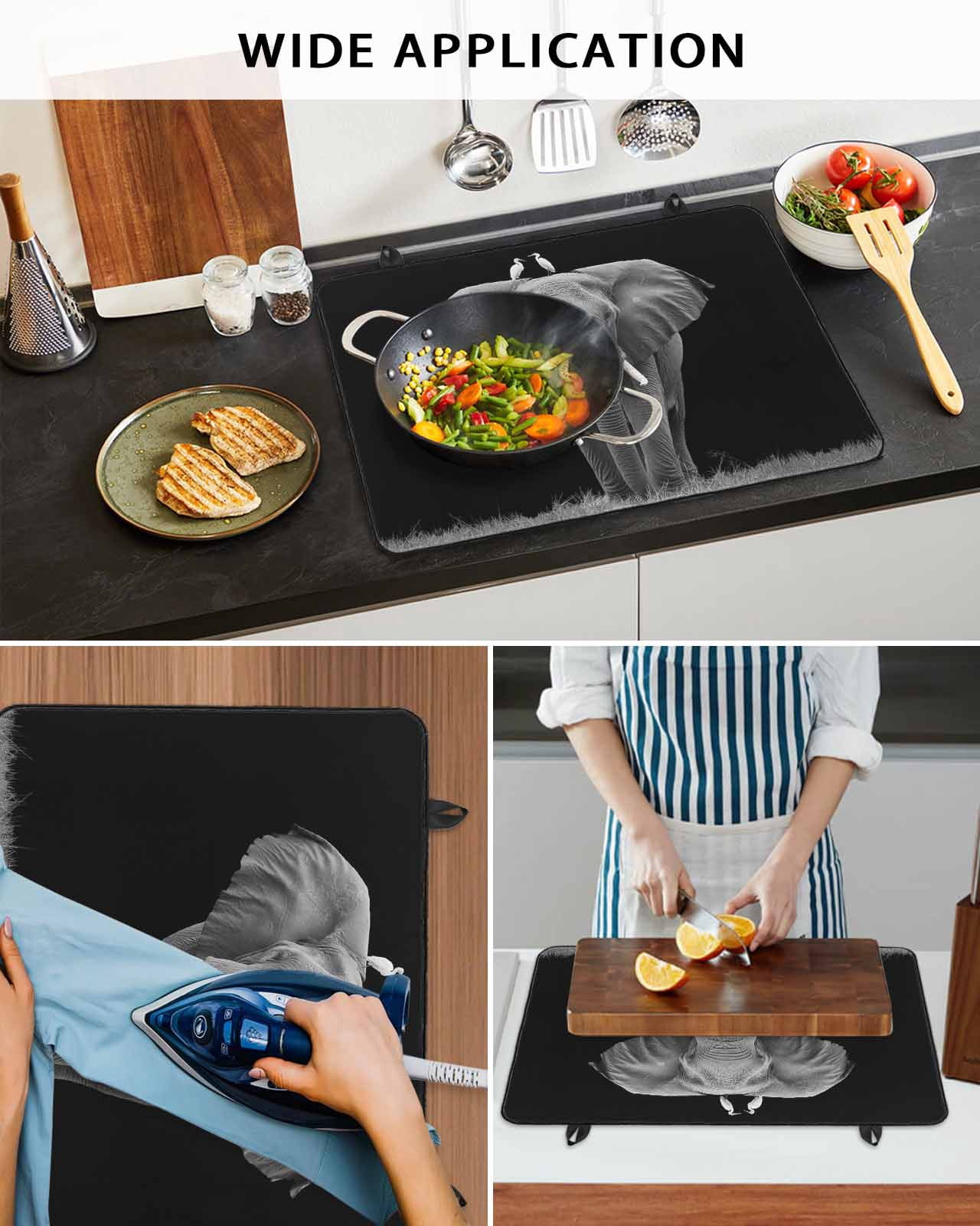 nqOlkjepod Large Induction Cooktop Protector Mat 24"x21", Elephant Bird Stove Top Covers for Electric Stove, Modern Pastoral Animal Black Grey Stove Burner Cover Mats, Glass Top Stove Cover