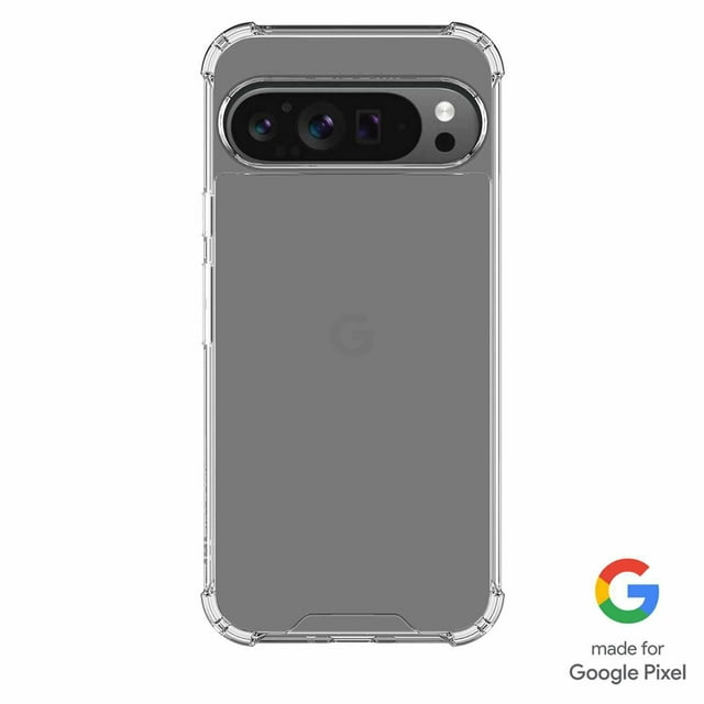 Blu Element DropZone Rugged Case Made for Google Clear for Google Pixel 9 Pro XL with transparent slim design, reinforced AirPockets shock-absorbing corners, clear anti-scratch polycarbonate back, raised edges for camera and screen protection, and full port access on a grey Google Pixel 9 Pro XL, drop tested from 8 feet.