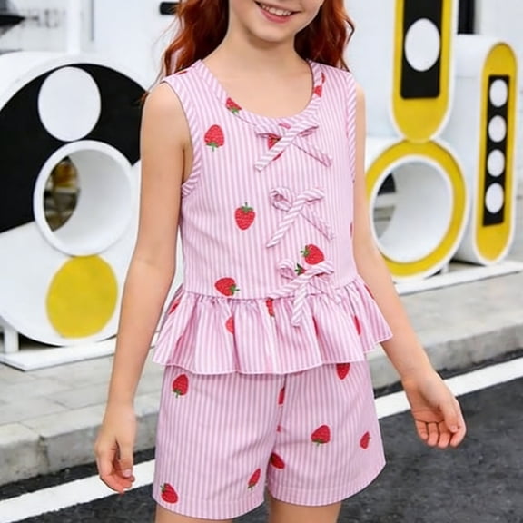 ITSAME Girls Outfit 2-Piece, Cute Bow Ruffled Tank Top and Shorts Summer Fashion Casual Set Pink Size 7-8