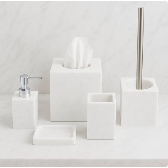 5 Piece Bathroom Accessories Set Complete | Faux Marble and White Bathroom Accessory Set | Tissue Box, Toilet Brush, Soap Dish, Soap Dispenser, Toothbrush Holder