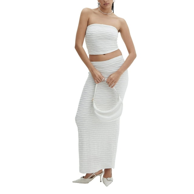 Diconna Women Summer Skirts Outfits Solid Color Boat Neck Strapless Tube Tops Long Skirts 2 Pieces Clothes Set