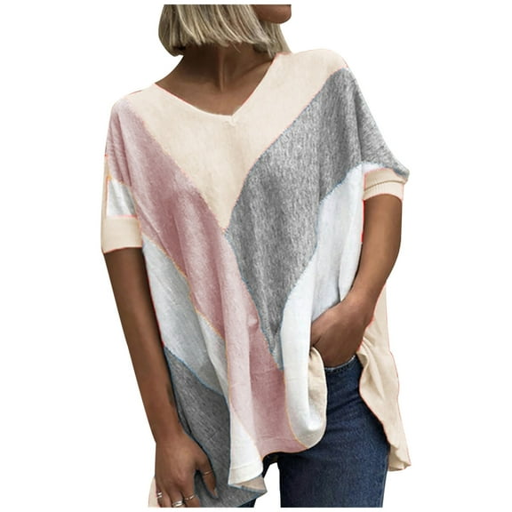 Bigersell Womens T Shirts Women's Tops Solid V-Neck Summer Casual Short Sleeve Women Blouse Crew Neck Short Sleeve Business Casual Tops Style B22748, Beige S