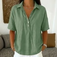 thumbnail image 2 of Hngshg Plus Size Tops for Women Linen Button Collared Comfy Short Sleeve Solid Color Casual Blouses Summer Vacation Going out Tops, 2 of 7
