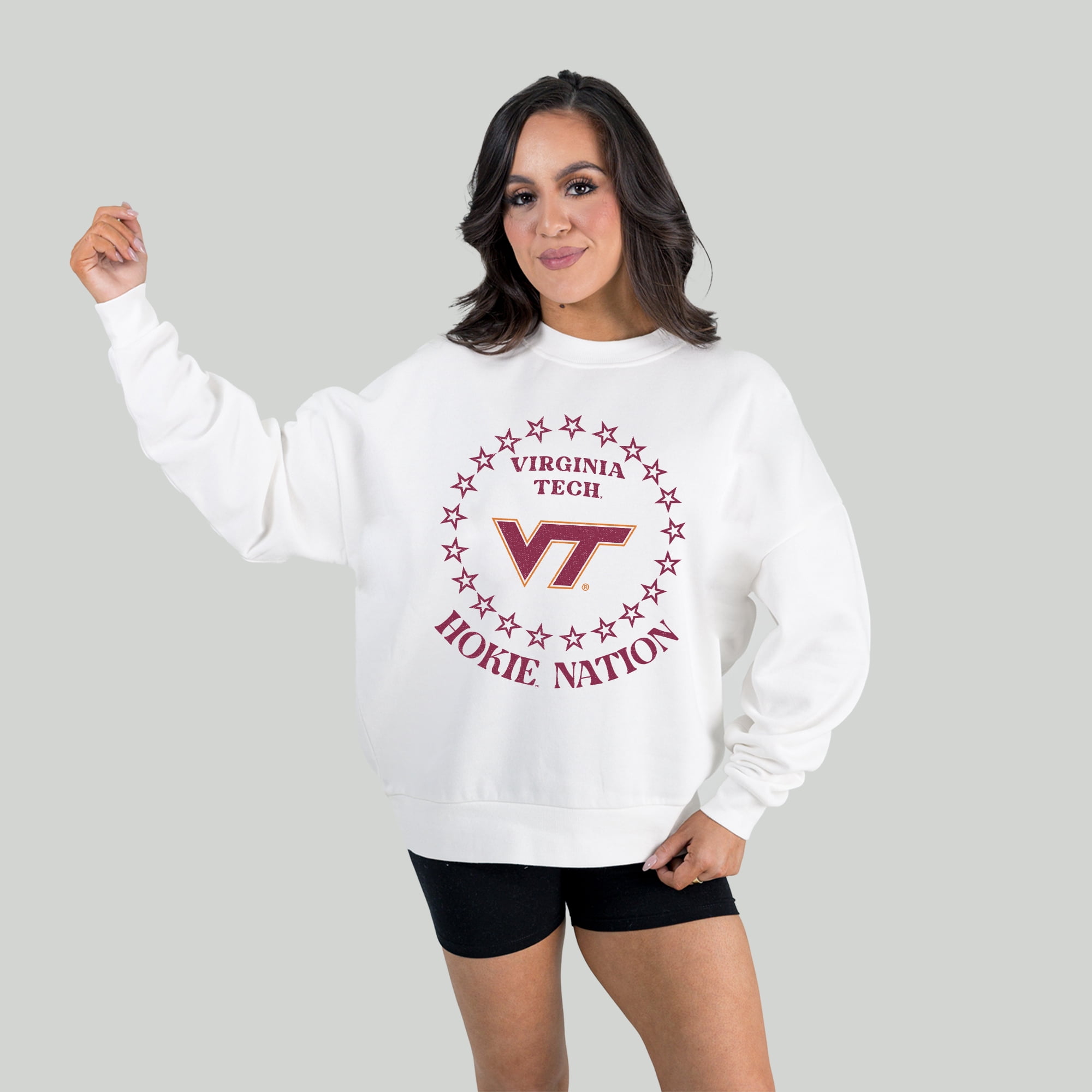 Women's Gameday Couture White Virginia Tech Hokies Stars Premium Fleece Drop Pullover Sweatshirt