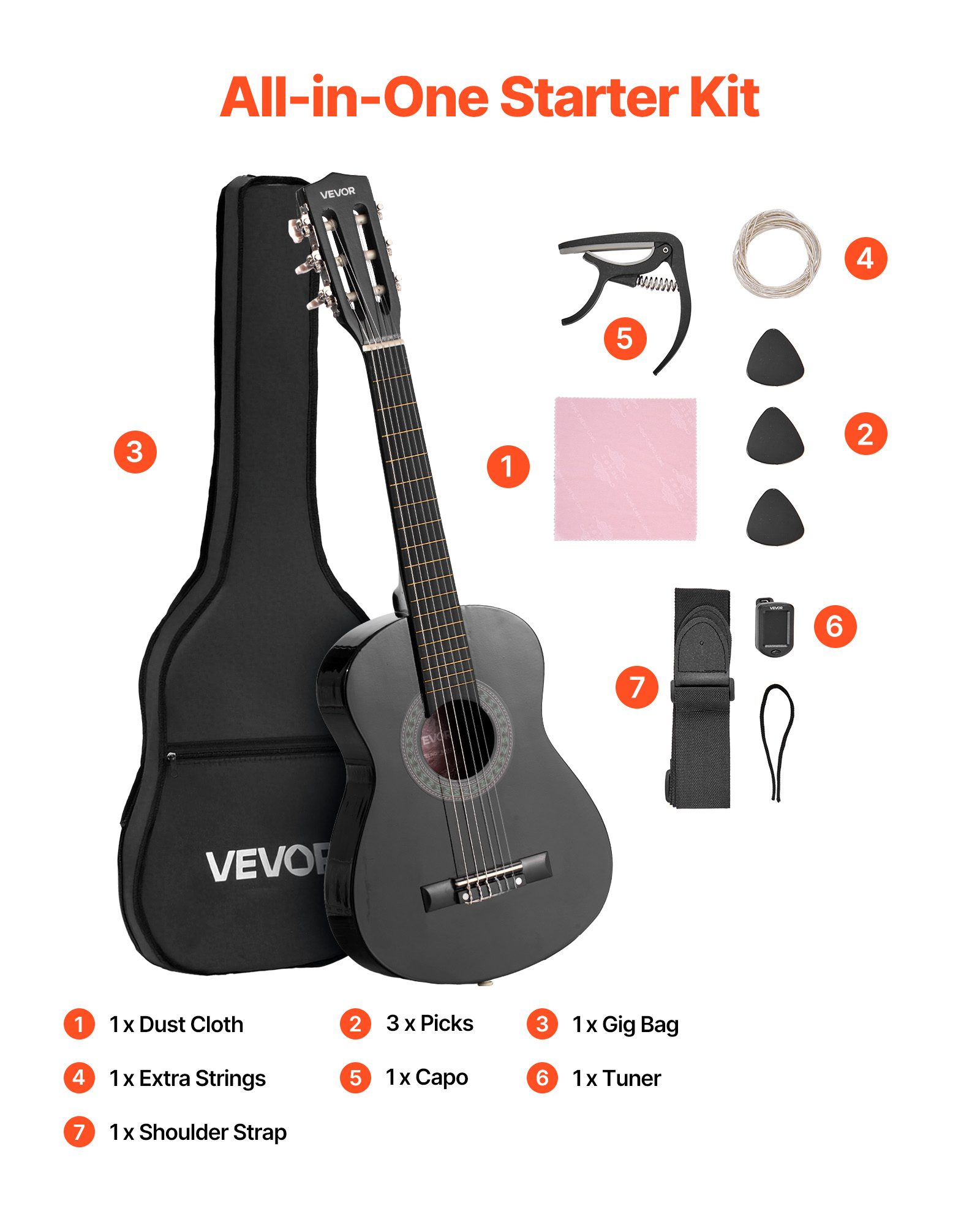 VEVOR 30in Classical Guitar, Wood Guitar Starter Kit for Beginners, with Nylon Strings, Gig Bag, Strap, Tuner, Extra Strings, Picks, Capo, Basswood, for Kids Girls Boys Students, Black