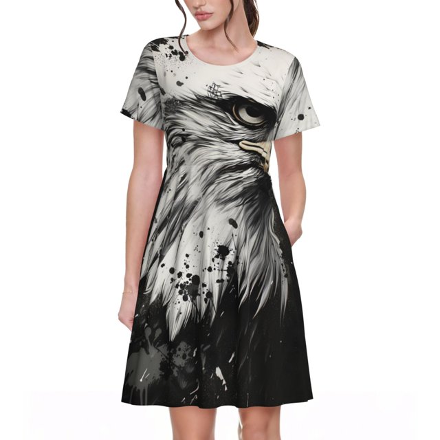 Easygdp Ink Style Bald Eagle para Vestido Transpirable de Mujer, Vestido Suelto de Manga Corta con Pliegues y Bolsillos para el Verano