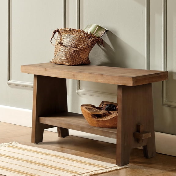 31.5" Farmhouse Entryway Bench, Small Storage Bench, Solid Wood Top, Rustic Narrow Bench Seat for Entryway, Dining Room, Living Room, Hallway, Brown