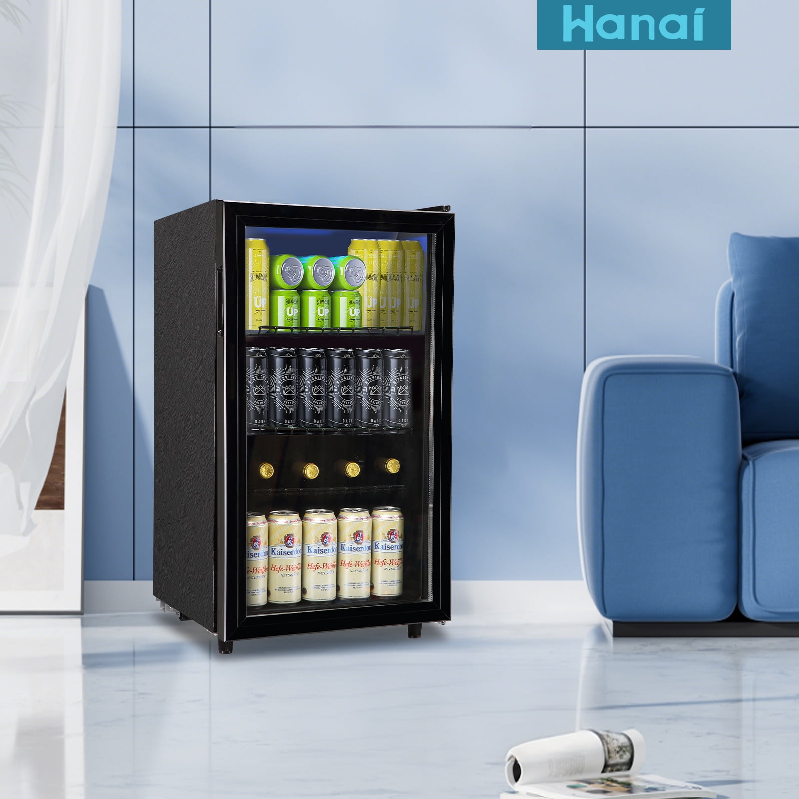 WANAI Beverage Refrigerator Cooler 3.5 Cu.ft Beer Fridge with Glass Door LED Light Adjustable Shelf