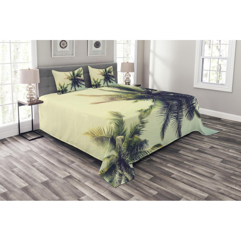 Palm Tree Bedspread Set Queen Size, Coconut Trees on Tropical Beach Caribbean Coastline Ocean