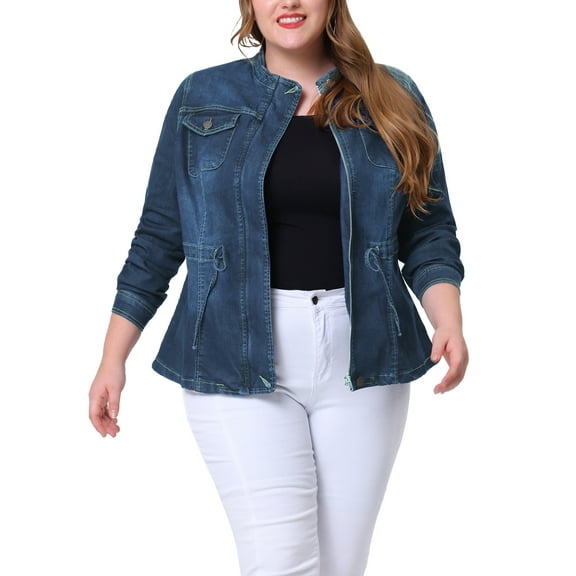Agnes Orinda Women's Plus Size Fall Outfits Drawstring Waist Zipper Denim Jacket 4X Navy Blue
