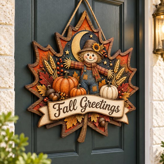 Wood Sign, Custom Fall Greetings Maple Leaf, Scarecrow Pumpkin Autumn Decor