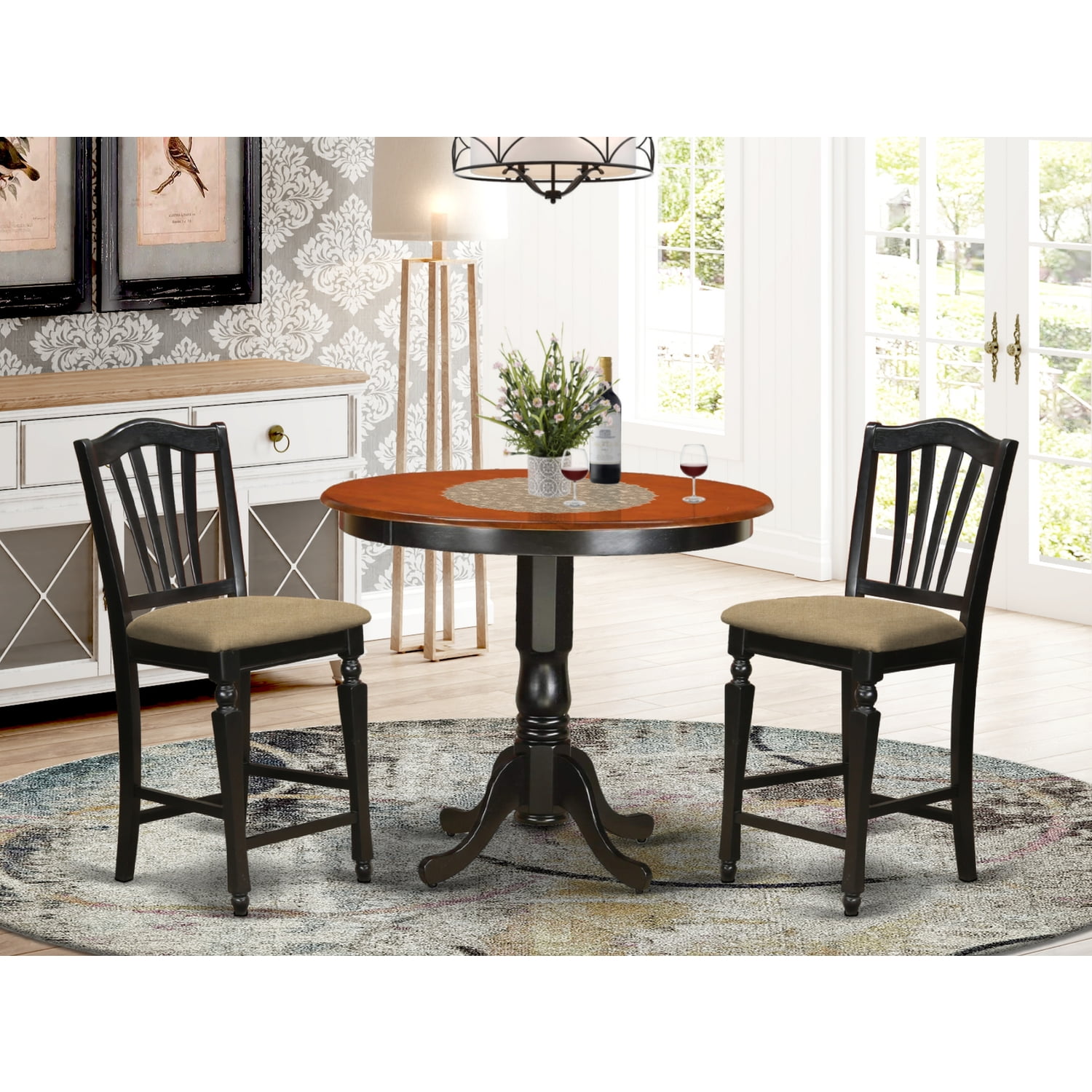 Pub Table Set - Dining Table And Counter Height Stool-Finish:Black & Cherry,Number of Items:3 