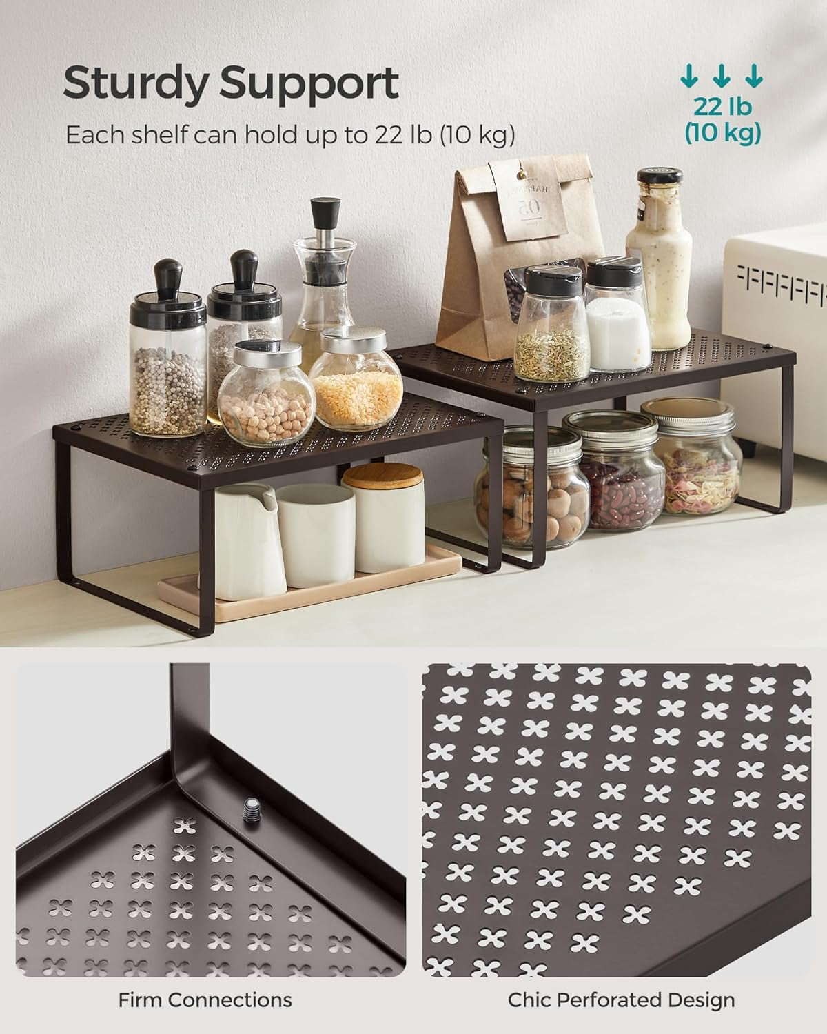 2 Pack Spice Rack, Cabinet Shelf Organizers, Shelf Organizer, Countertop Organizer, Shelf Riser, Stackable, Expandable, Metal Kitchen Counter Shelves, Brown