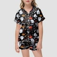 thumbnail image 2 of Caqnni Satin Pajamas Set for Girl Halloween Skeleton Pumpkin Print Pjs 2 Piece Short Sleeve Button-Down Shirt with Shorts Girls Halloween Pajamas Sets (6-7 Years,Black), 2 of 5