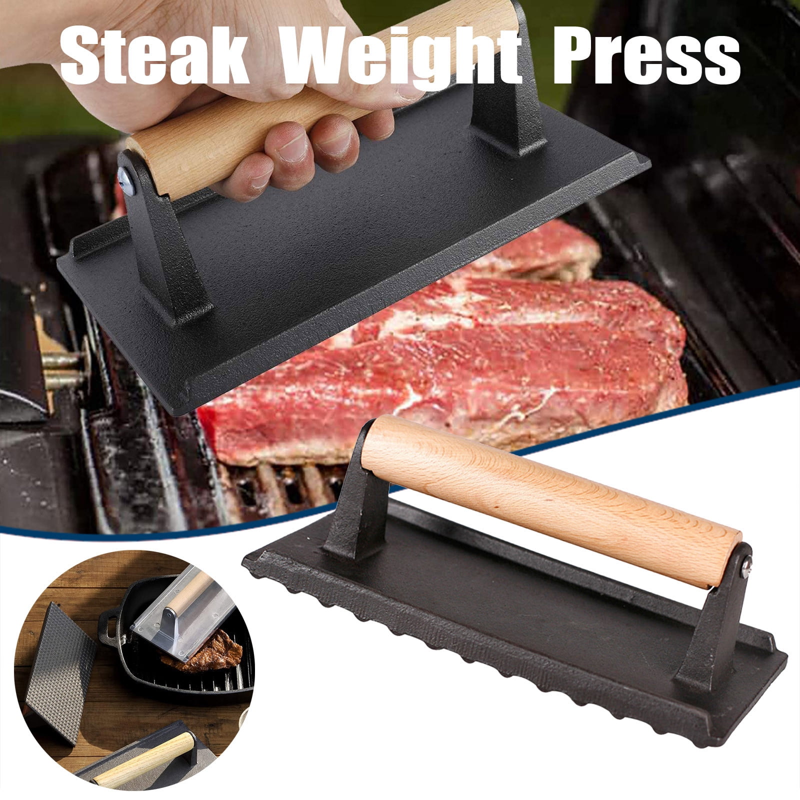 Burger Sandwiches Steak Press for Meat Heavy Duty Grill Weight with Wooden Handle ZEONHAK 3 Pack 4 x 8 Inches Cast Iron Grill Press Bacon 