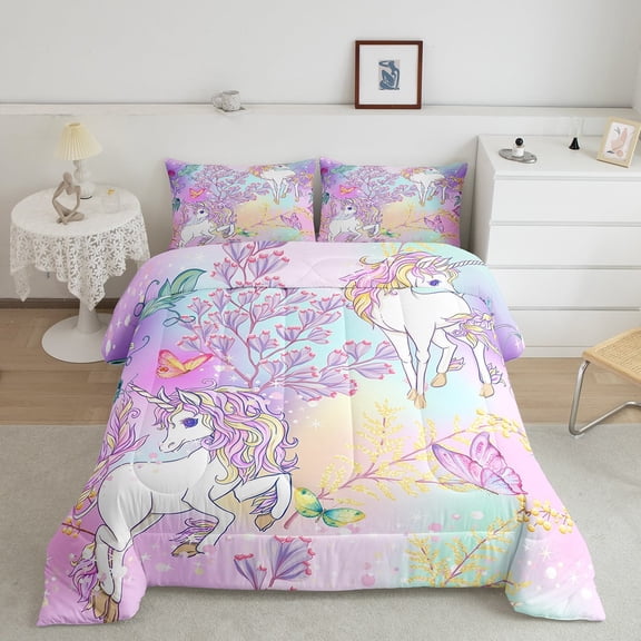 Erosebridal Rainbow Unicorn Bedding Twin Ombre Purple Unicorn Comforter Set Unicorn Bedroom Decor Cartoon Kawaii Duvet Set Romantic Elegant Butterfly Botanical Leaves Quilt 2Pcs