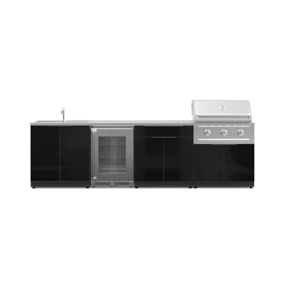 NewAge Products Outdoor Kitchen Aluminum 6 Piece Cabinet Set with Sink, Bar, Grill Cabinet, Performance Grill, Countertop and Glass Door Fridge
