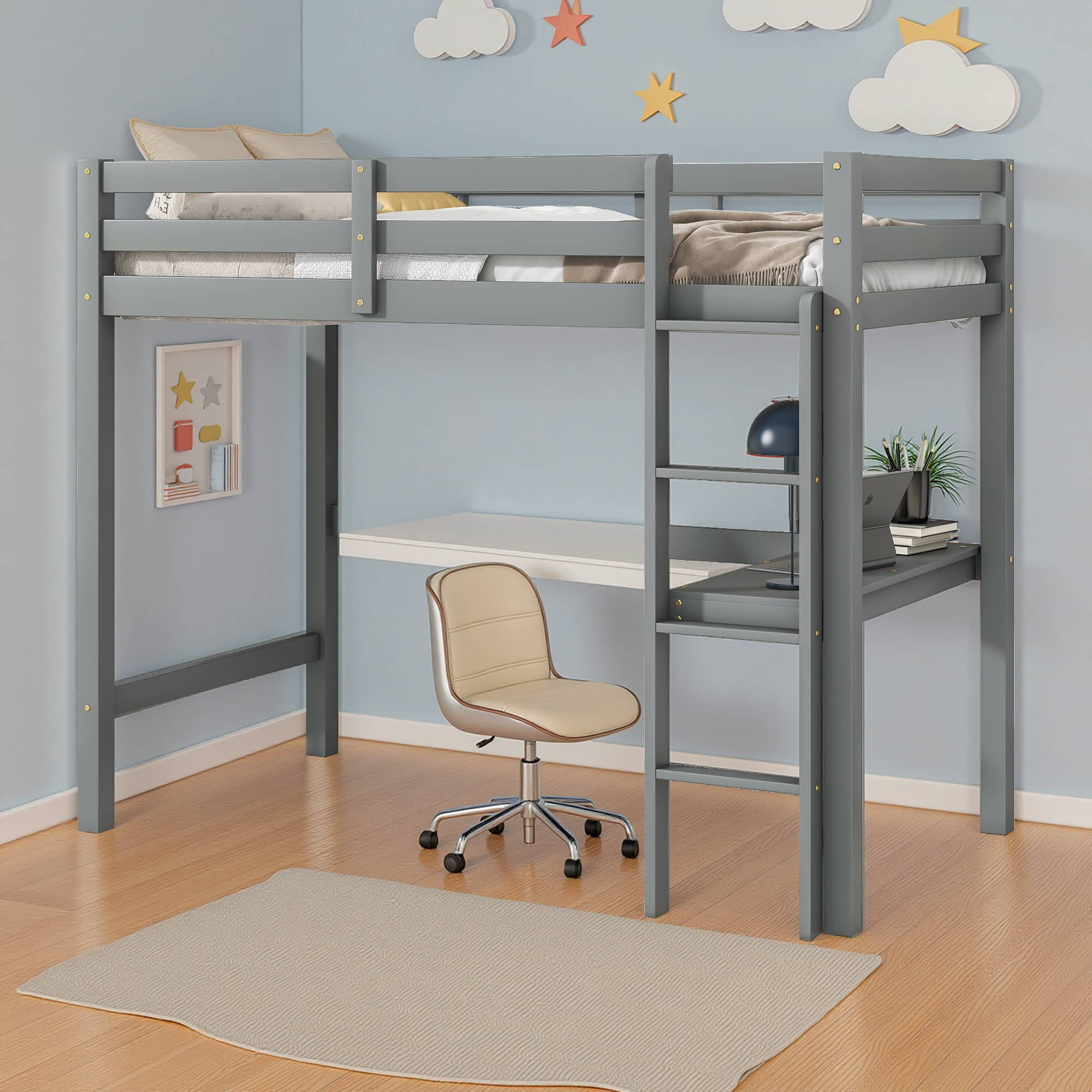 MAYEERTY Twin Loft Bed Pine Wood Bed Frame with Desk Guardrails Ladder,Grey