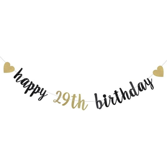 Black and Gold Glitter Banner,29th Birthday Decoration,Pre-Strung, Banner for Birthday Party Decorations Supplies,happy 29th birthday